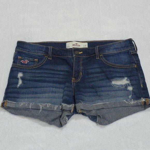 Hollister Distressed Jean Shorts – W28 Size 7 Dark Wash Frayed Hem Cutoffs | Y2K - Picture 2 of 6